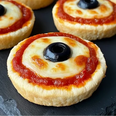Cozy Eyeball English Muffin Pizzas topped with cheese and olives for a fun meal.