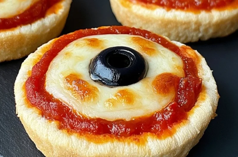 Cozy Eyeball English Muffin Pizzas topped with cheese and olives for a fun meal.