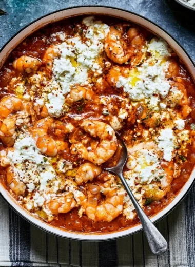 Cozy Prawn Saganaki served with cheese and herbs in a rustic dish