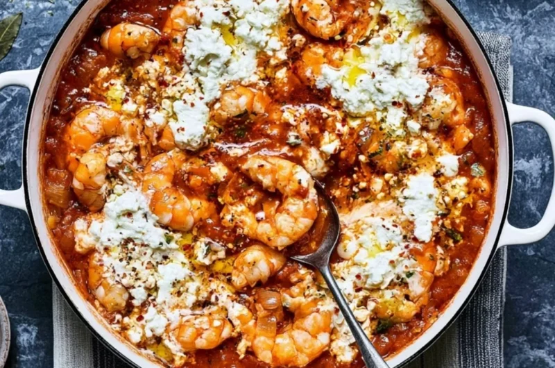 Cozy Prawn Saganaki served with cheese and herbs in a rustic dish
