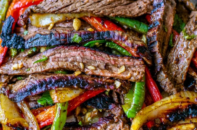 Delicious steak fajitas served with colorful peppers and onions