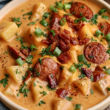 Bowl of creamy Cajun potato soup garnished with herbs