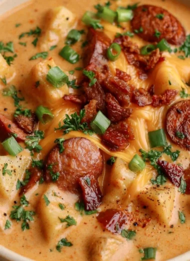 Bowl of creamy Cajun potato soup garnished with herbs