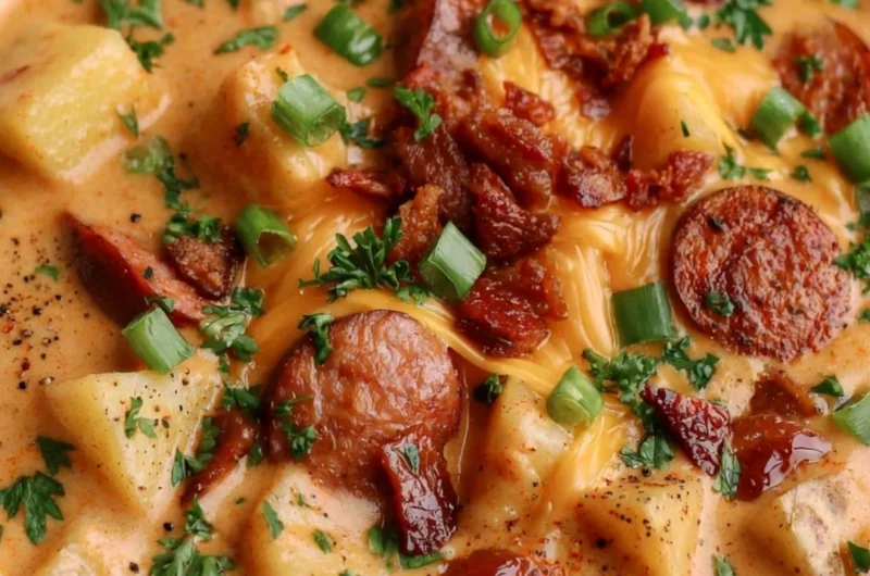 Bowl of creamy Cajun potato soup garnished with herbs