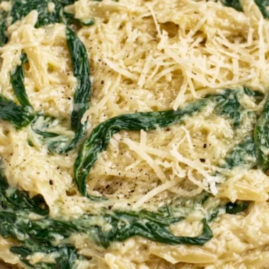 Creamy garlic spinach orzo dish garnished with herbs