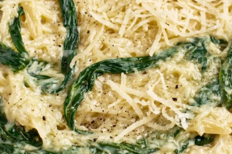 Creamy garlic spinach orzo dish garnished with herbs