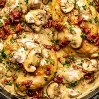 Delicious Easy Chicken Riesling served with herbs and vegetables