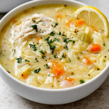 Bowl of easy lemon chicken orzo soup garnished with fresh herbs