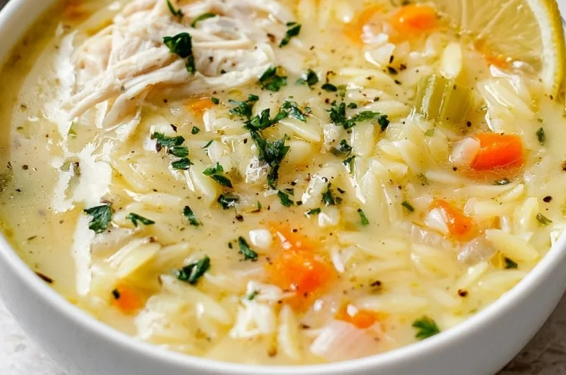 Bowl of easy lemon chicken orzo soup garnished with fresh herbs