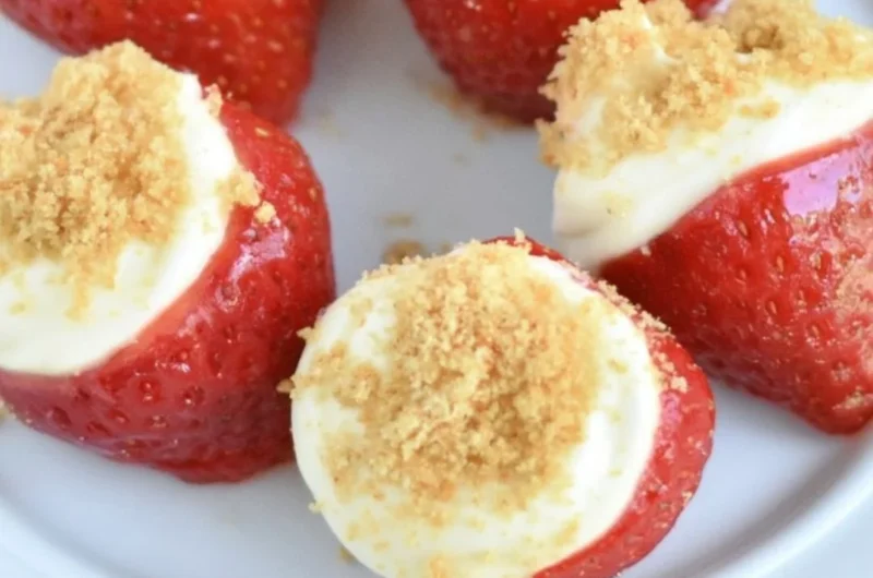 No-bake strawberry cheesecake bites arranged on a platter for a sweet dessert