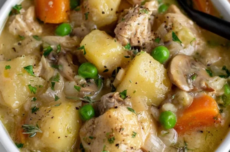 Bowl of easy slow cooker chicken stew with vegetables and herbs