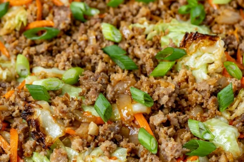 A colorful and healthy Egg Roll in a Bowl served in a rustic dish.