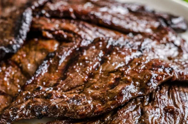 Grilled flank steak marinated in citrus, served with fresh herbs and vegetables.