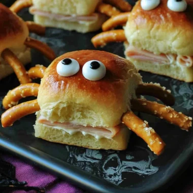 Halloween turkey and cream cheese spider sandwiches served on a spooky platter.