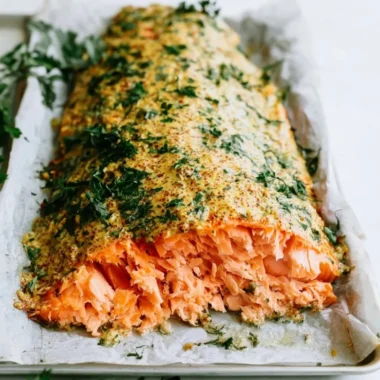 Herbed Dijon Baked Salmon garnished with herbs on a plate.