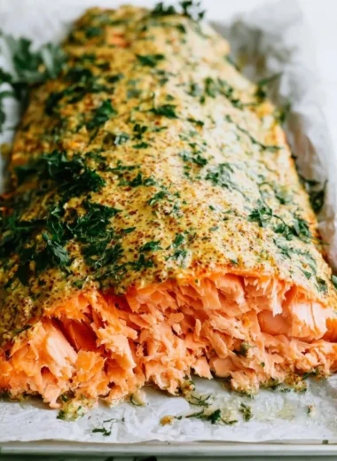 Herbed Dijon Baked Salmon garnished with herbs on a plate.