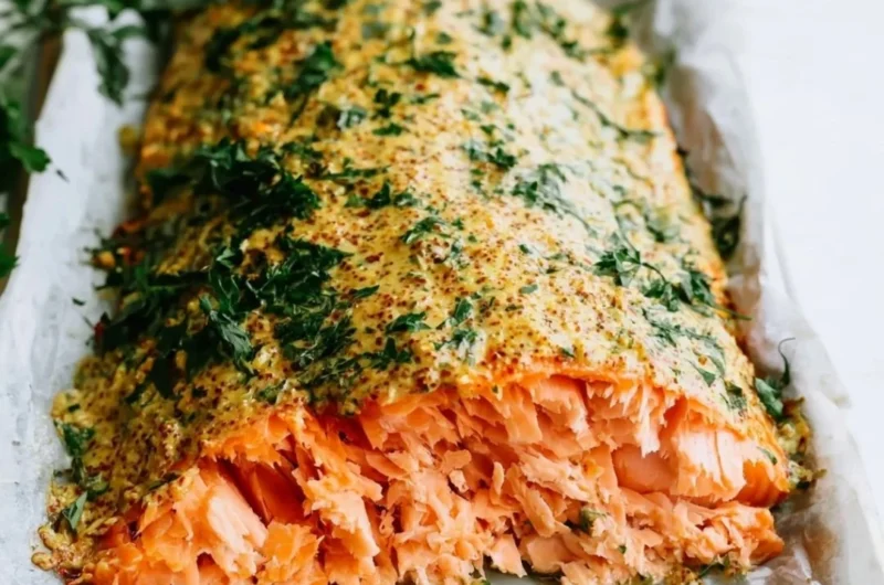 Herbed Dijon Baked Salmon garnished with herbs on a plate.