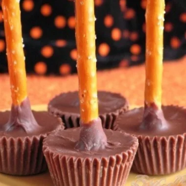 Hocus Pocus Halloween witch broom snacks made from pretzels and candy.