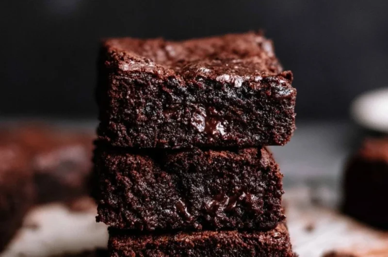Delicious homemade brownies on a plate with chocolate drizzle
