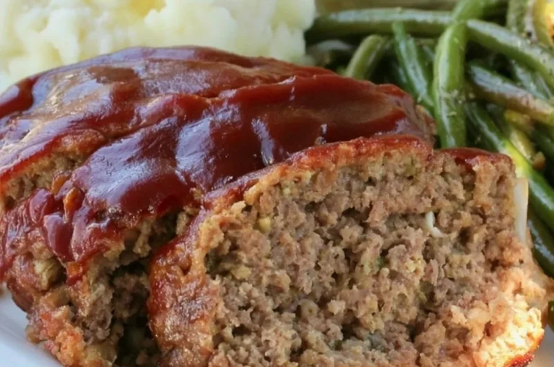 Juicy old fashioned meatloaf served with mashed potatoes and gravy