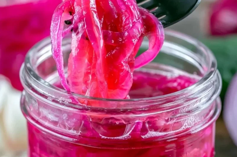 Quick pickled red onions in a jar, perfect for enhancing meals