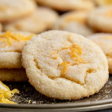 Soft and chewy lemon cookies on a plate with a lemon slice garnish.
