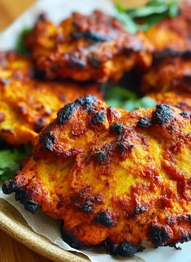 Delicious plate of Tandoori Chicken marinated in spices and grilled, served with sides.