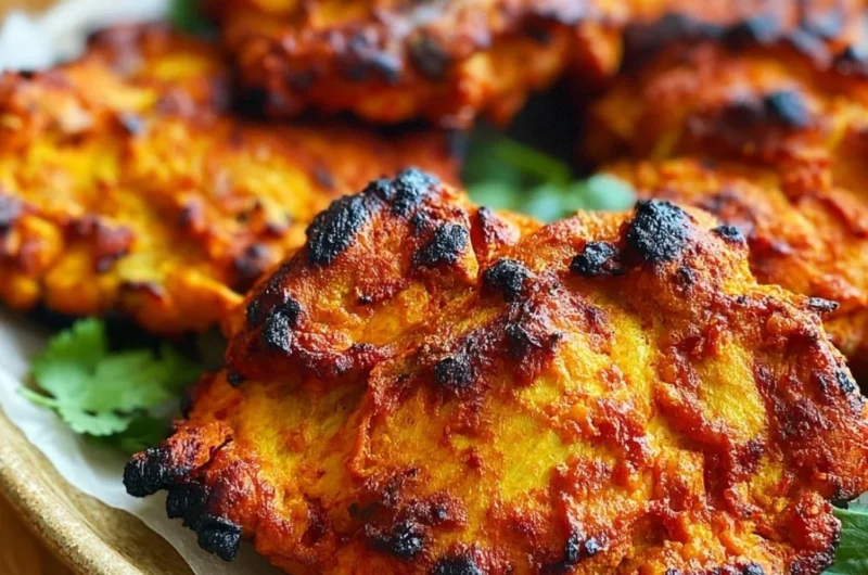 Delicious plate of Tandoori Chicken marinated in spices and grilled, served with sides.