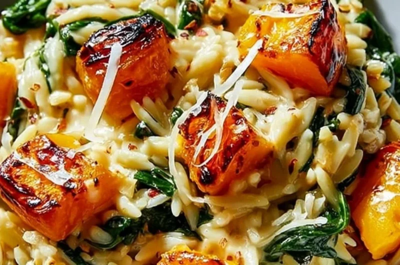 Creamy butternut squash orzo dish topped with herbs and cheese