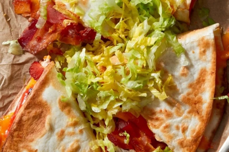Delicious BLT quesadillas with bacon, lettuce, and tomato melted in a crispy tortilla