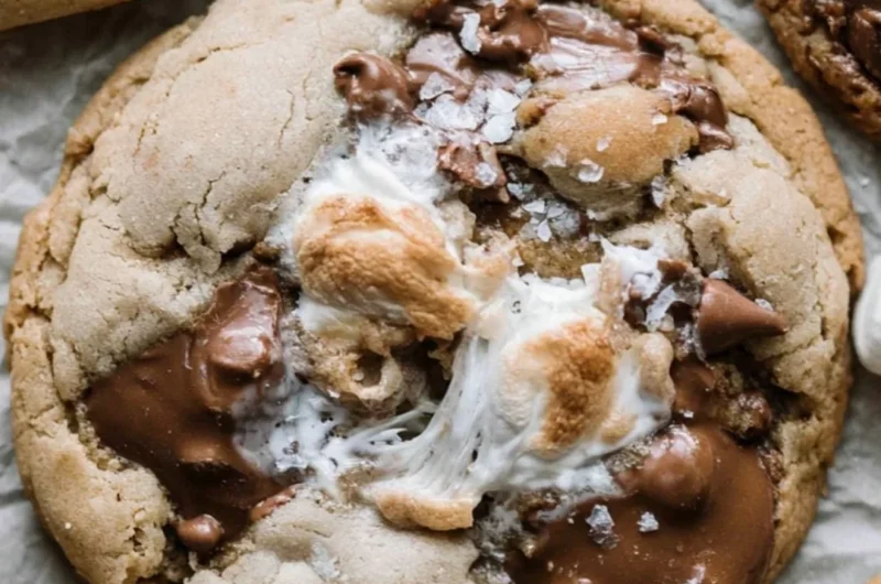Cozy brown butter s'mores chocolate chip cookies with marshmallows and chocolate