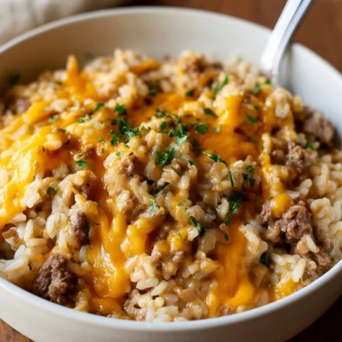 Cheesy ground beef and rice casserole in a baking dish