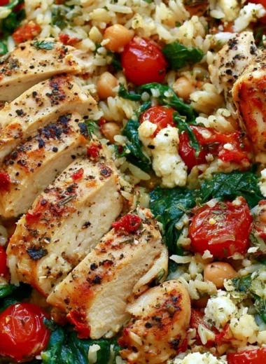 Cozy chicken and lemon rice bowl garnished with fresh herbs.