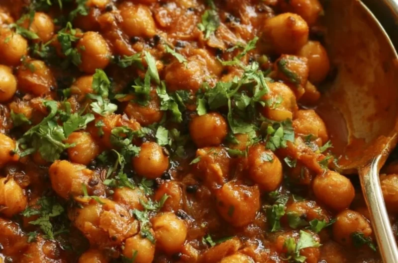 Bowl of cozy chickpea masala garnished with cilantro and spices.