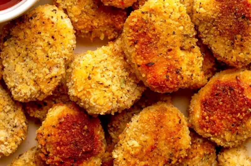 Bowl of cozy healthy chicken nuggets served with dipping sauce