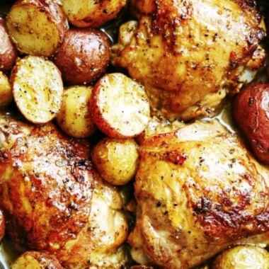 One Pan Maple Mustard Chicken baked with potatoes for a flavorful meal.