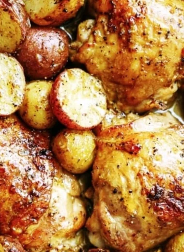 One Pan Maple Mustard Chicken baked with potatoes for a flavorful meal.