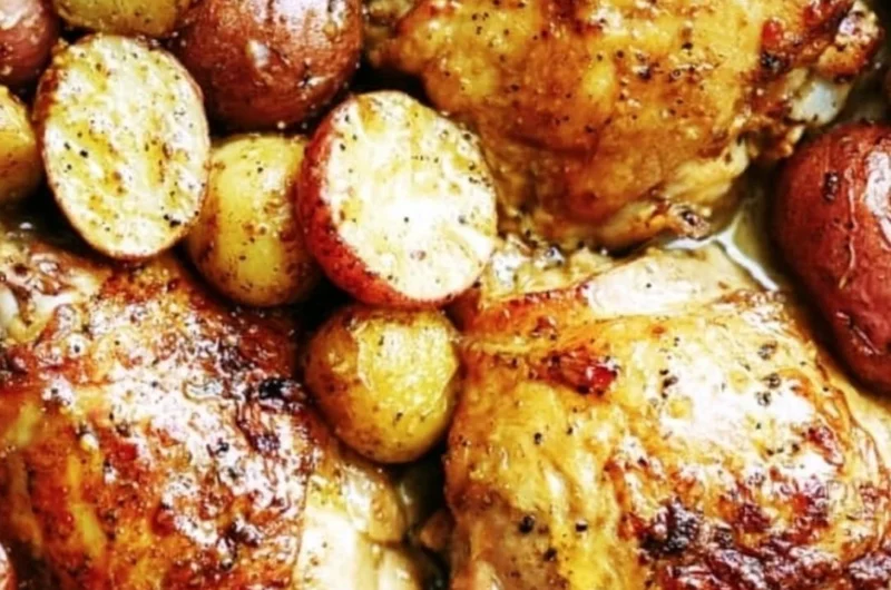 One Pan Maple Mustard Chicken baked with potatoes for a flavorful meal.