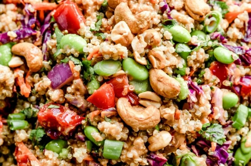 Colorful Thai Quinoa Salad with vegetables and herbs served in a bowl