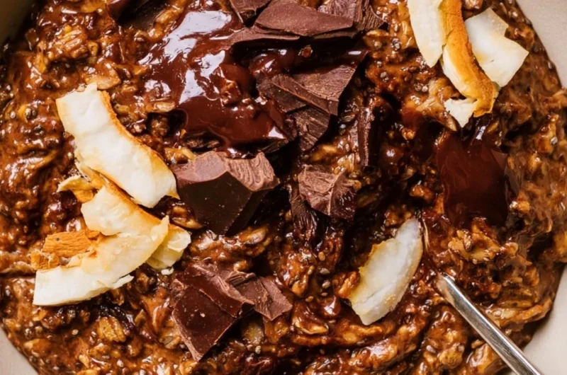 Bowl of chocolate oatmeal topped with fruits and nuts for a delicious breakfast
