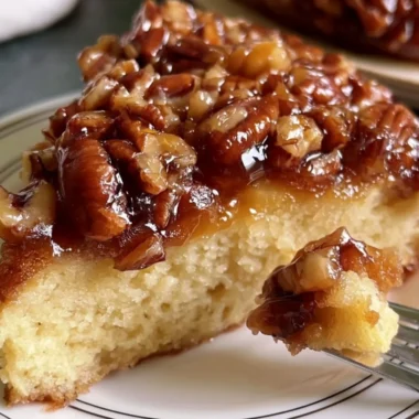 Upside Down Caramel Pecan Cake with pecans and caramel drizzle