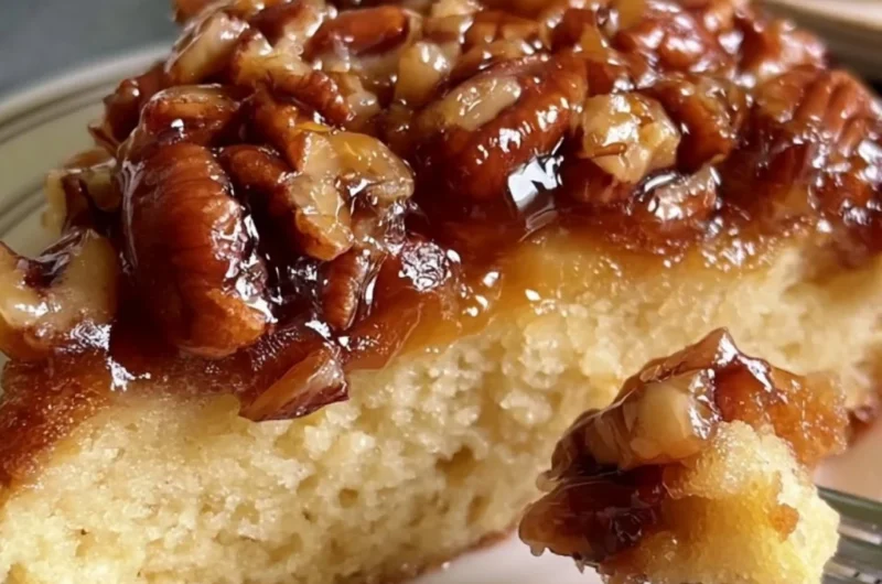Upside Down Caramel Pecan Cake with pecans and caramel drizzle